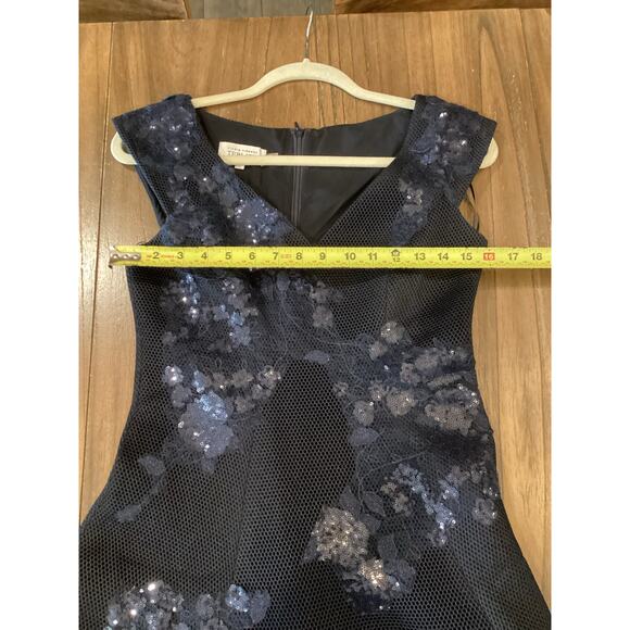 rickie freeman teri jon a line navy sleeveless floral sequin applique dress 2 - Picture 9 of 13